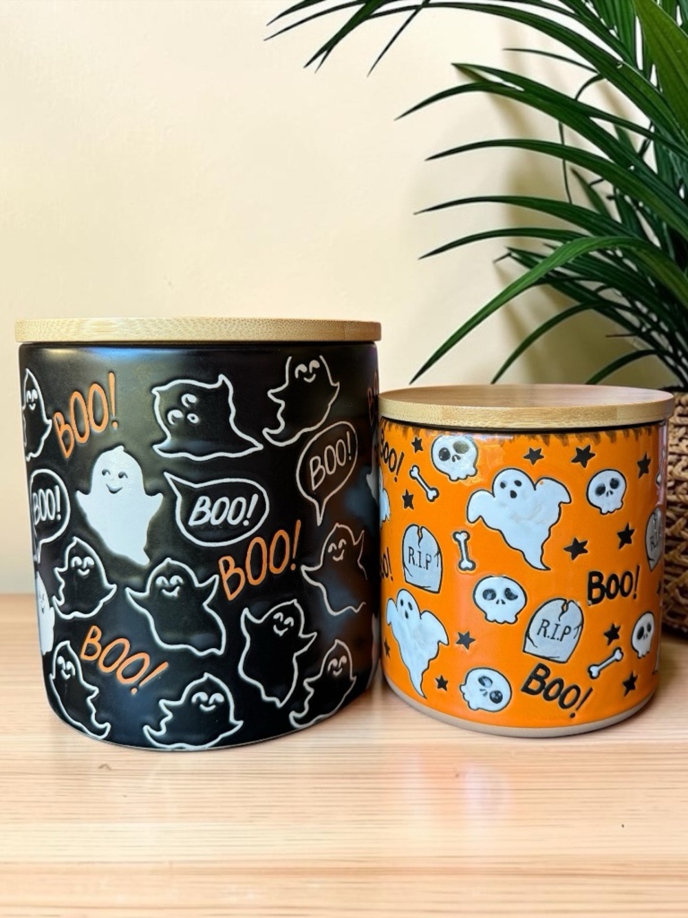 Eli + Ana Halloween Ghost Ceramic Canister Set of 2 with Bamboo Lids - Picture 3 of 10